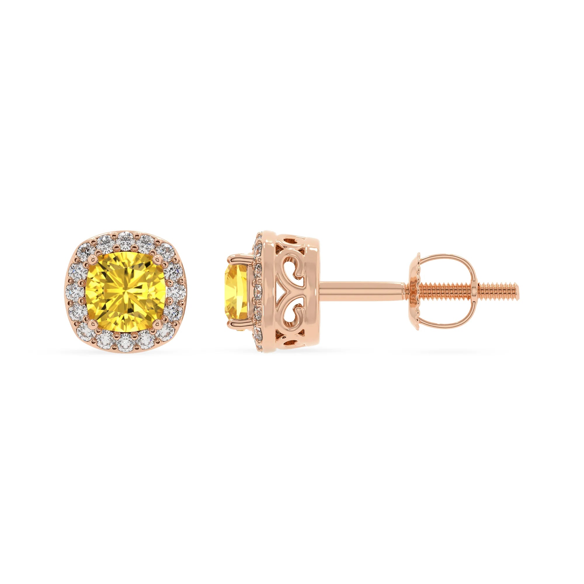 lab grown yellow sapphire cushion stud earrings in rose gold 
