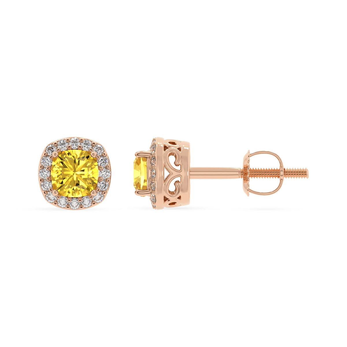 lab grown yellow sapphire cushion stud earrings in rose gold 