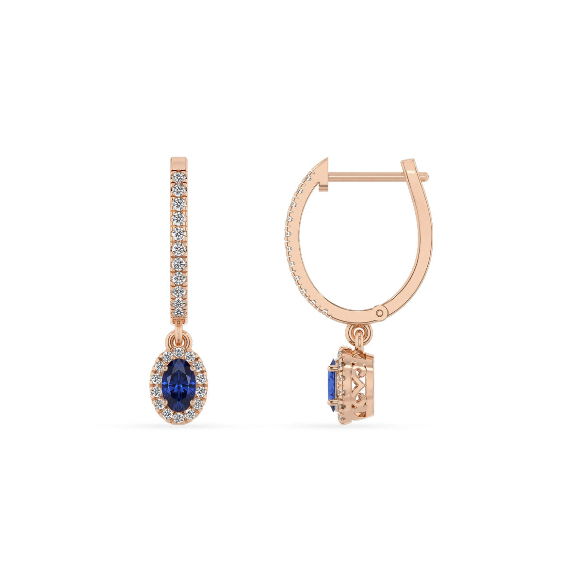 lab grown blue sapphire oval drop earrings in rose gold 