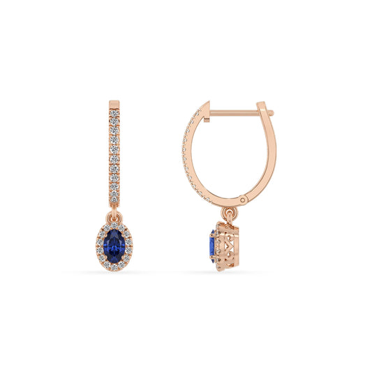lab grown blue sapphire oval drop earrings in rose gold 