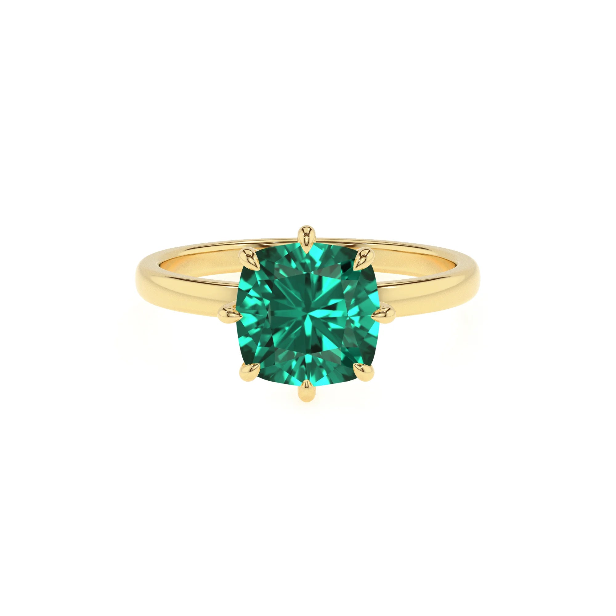 lab grown emerald cushion solitaire rings in yellow gold 