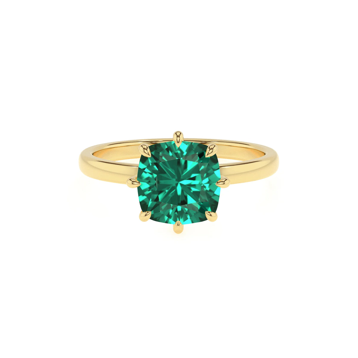 lab grown emerald cushion solitaire rings in yellow gold 