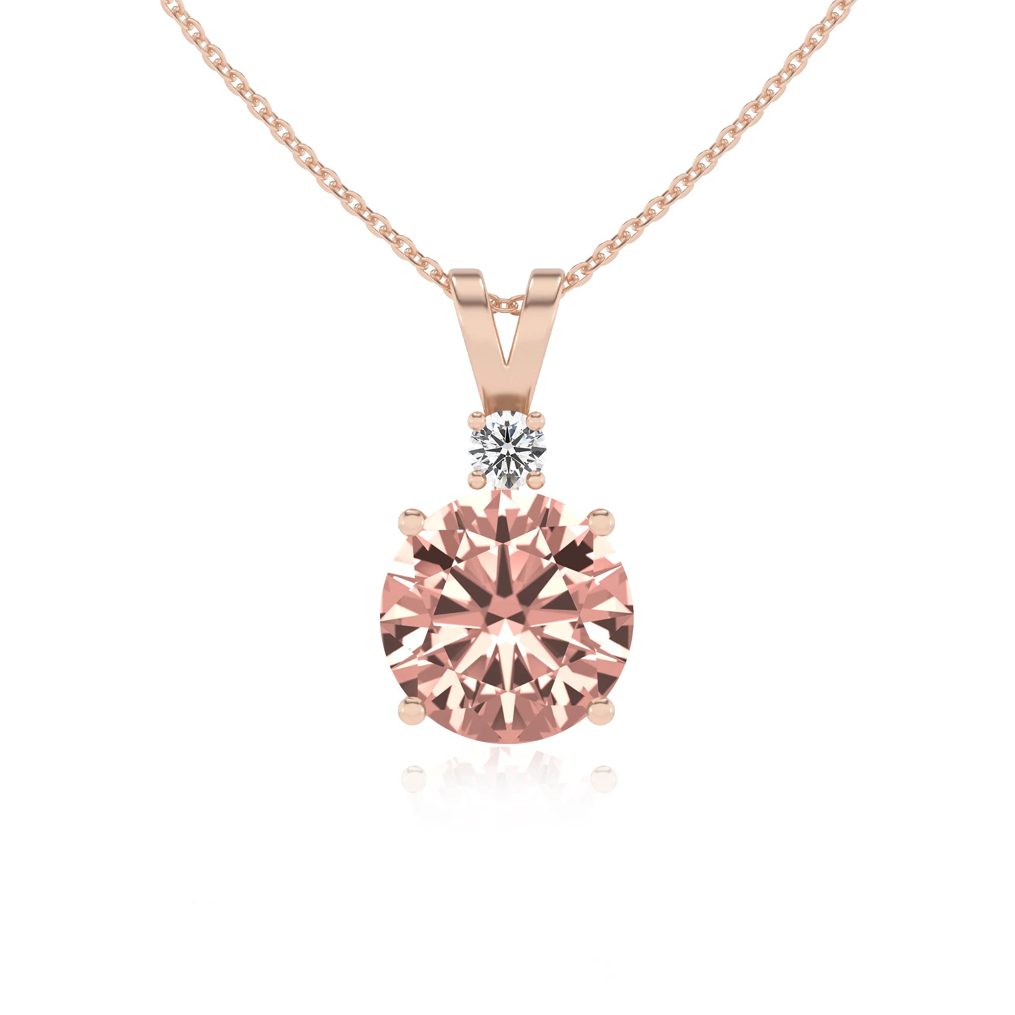 lab grown morganite round solitaire v-bale necklaces in rose gold 