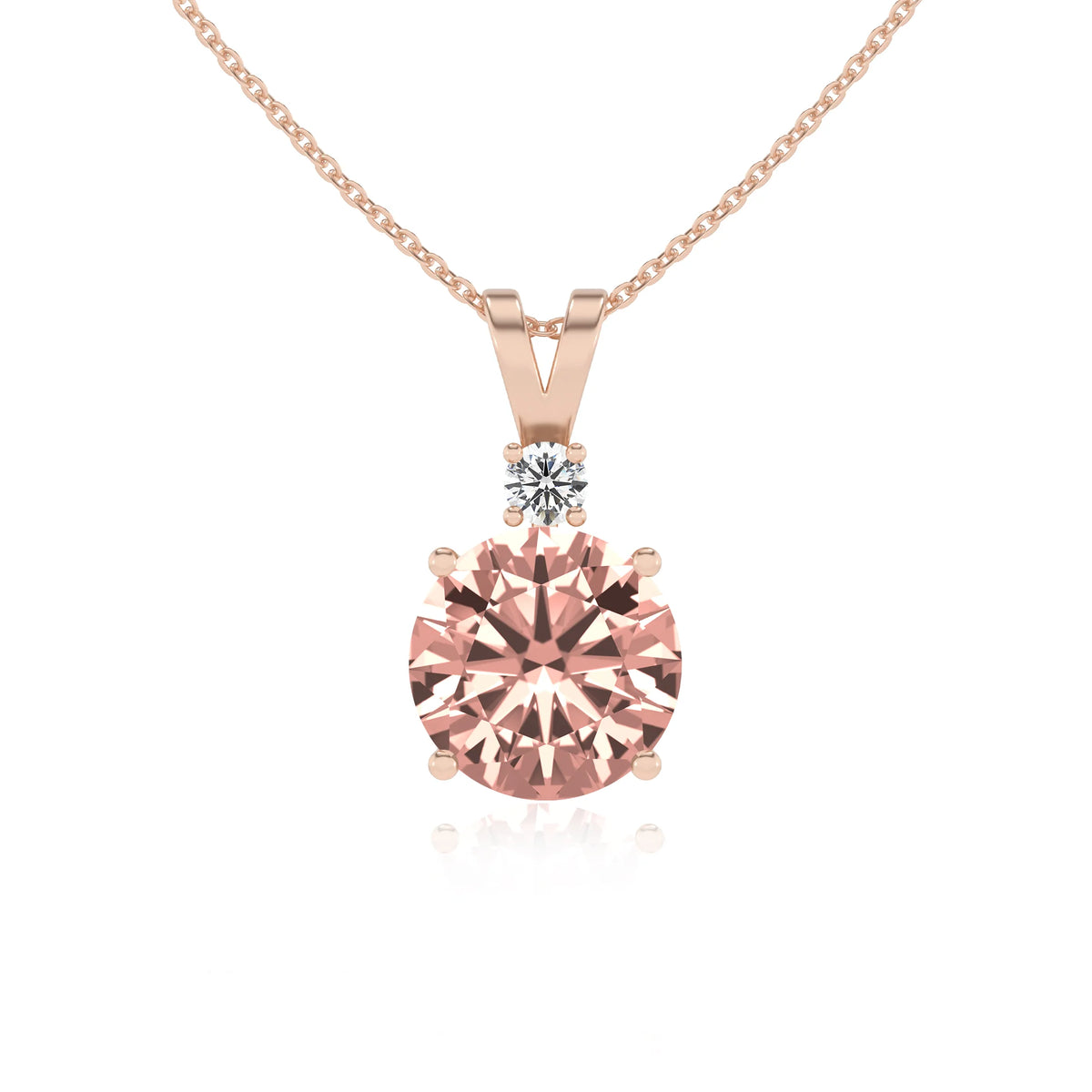 lab grown morganite round solitaire v-bale necklaces in rose gold 