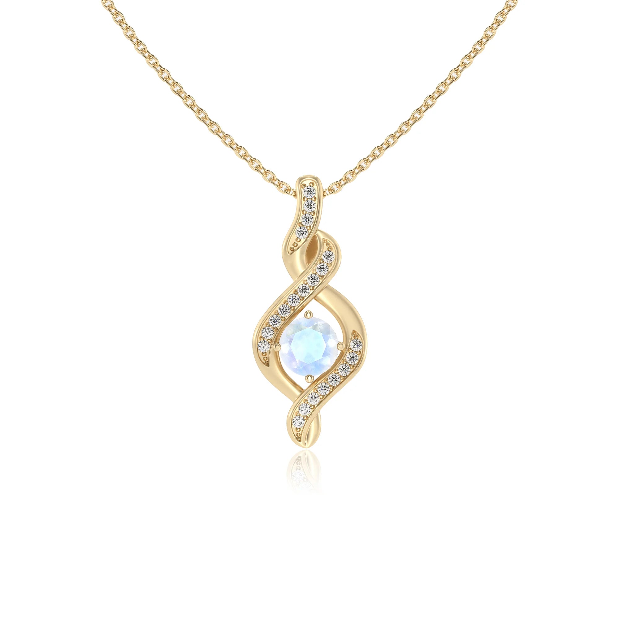 natural rainbow-moonstone round solitaire necklaces in yellow gold 