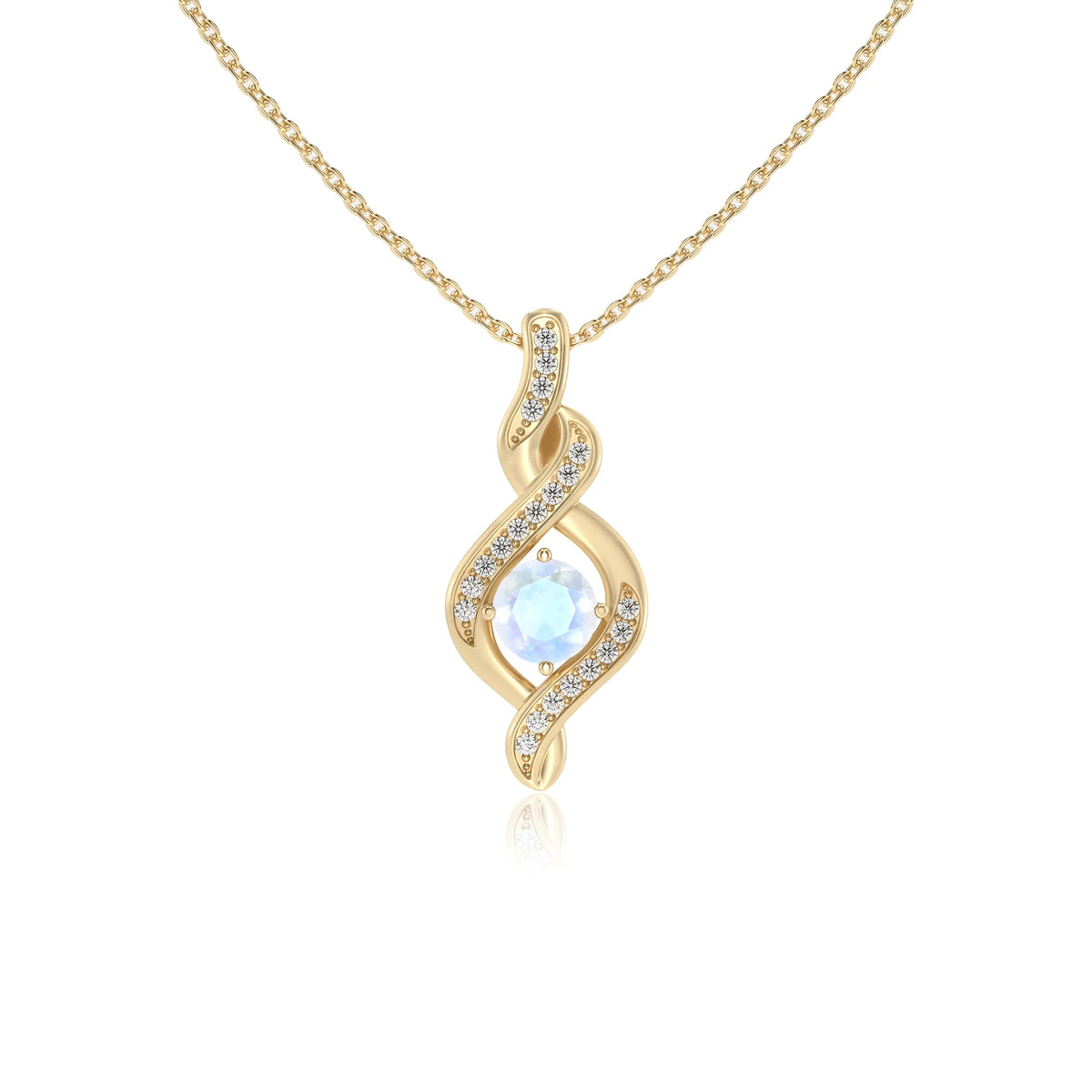 natural rainbow-moonstone round solitaire necklaces in yellow gold 
