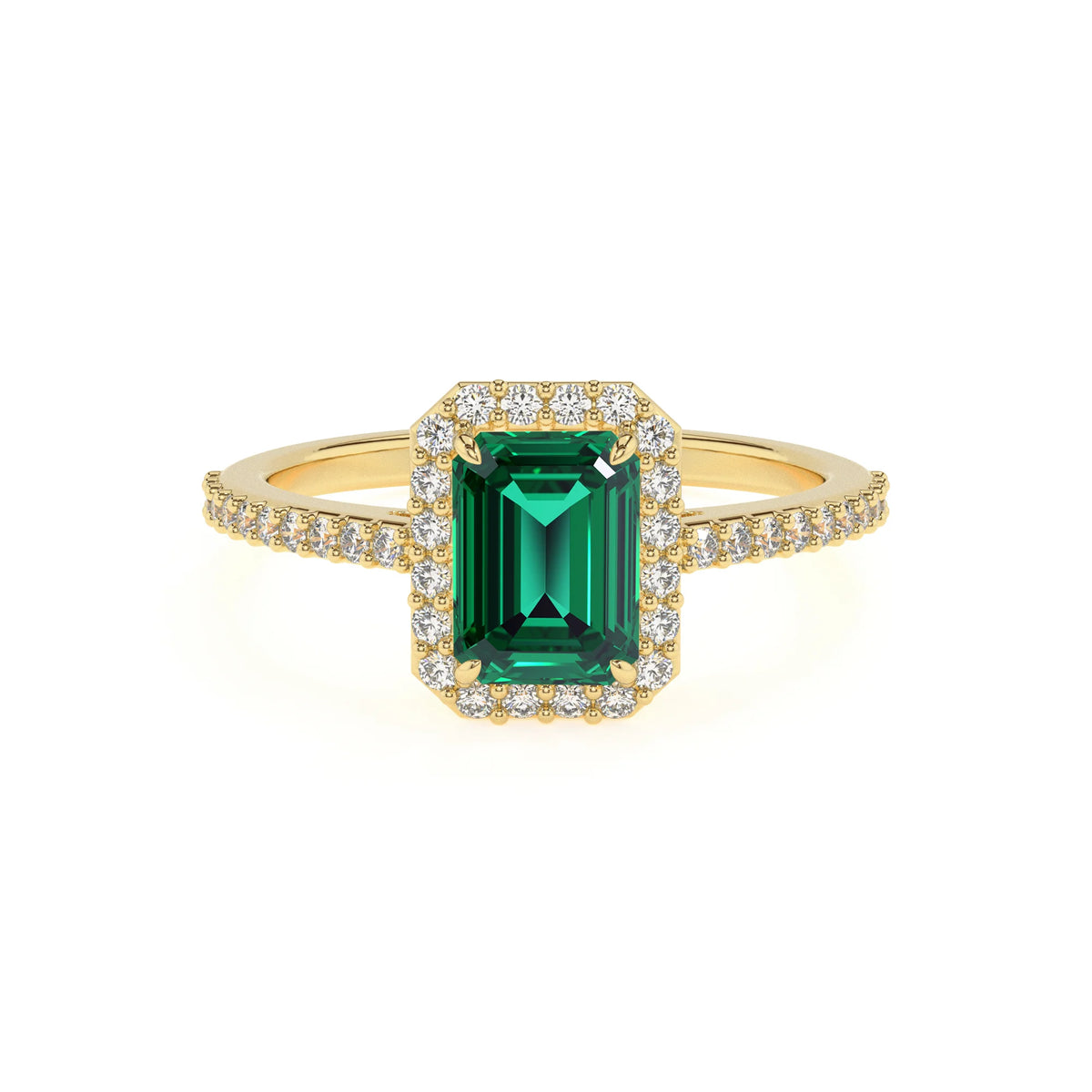 lab grown emerald octogon cut solitaire rings in yellow gold 