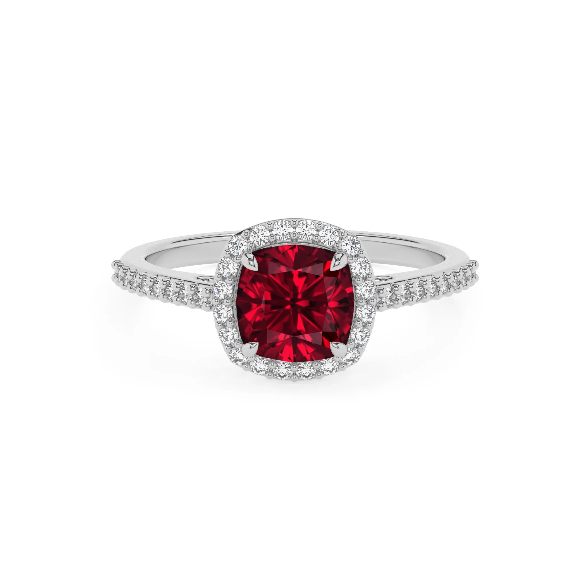 lab grown ruby cushion solitaire rings in platinum 