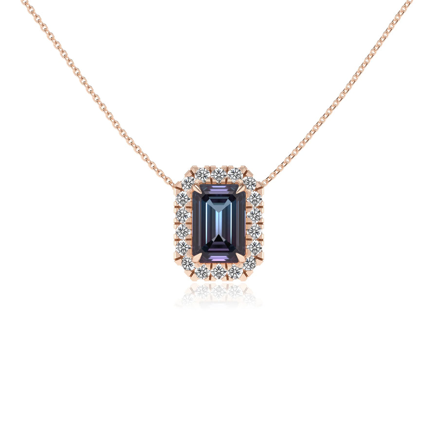 lab grown alexandrite emerald cut solitaire necklaces in rose gold 