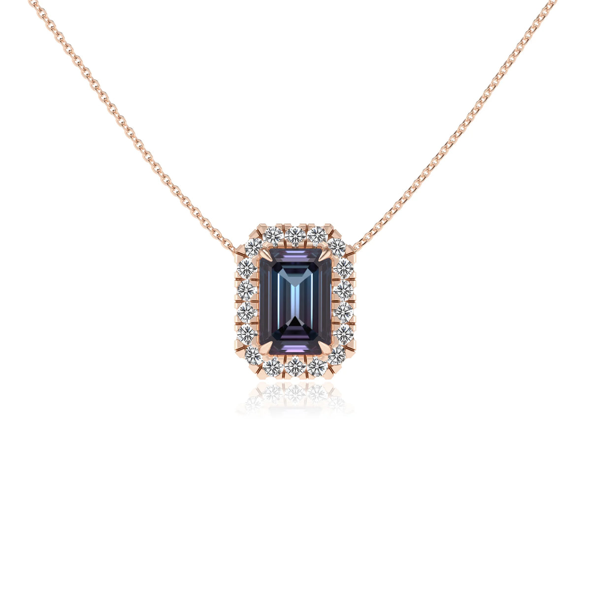 lab grown alexandrite emerald cut solitaire necklaces in rose gold 