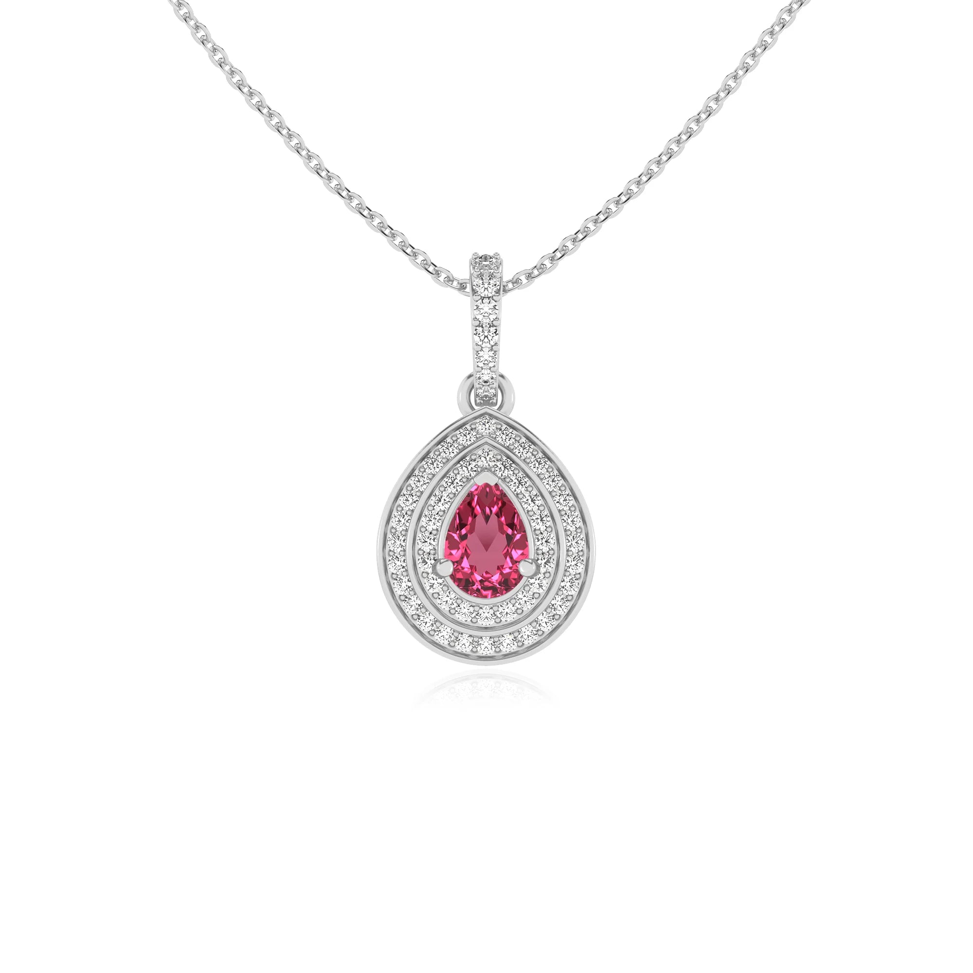 lab grown pink-tourmaline pear halo necklaces in white gold 