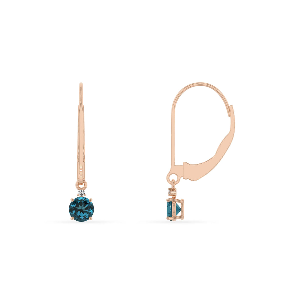 natural london blue topaz round drop earrings in rose gold 