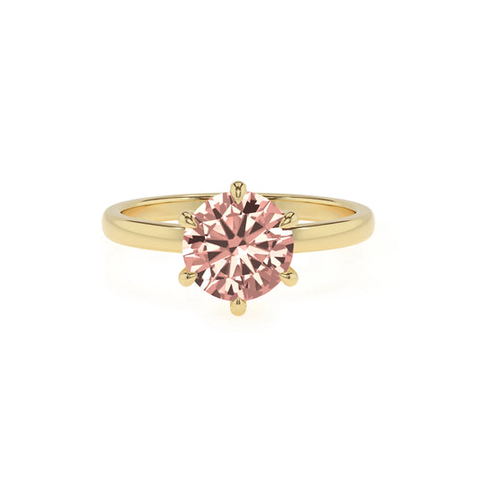 lab grown morganite round solitaire rings in yellow gold 