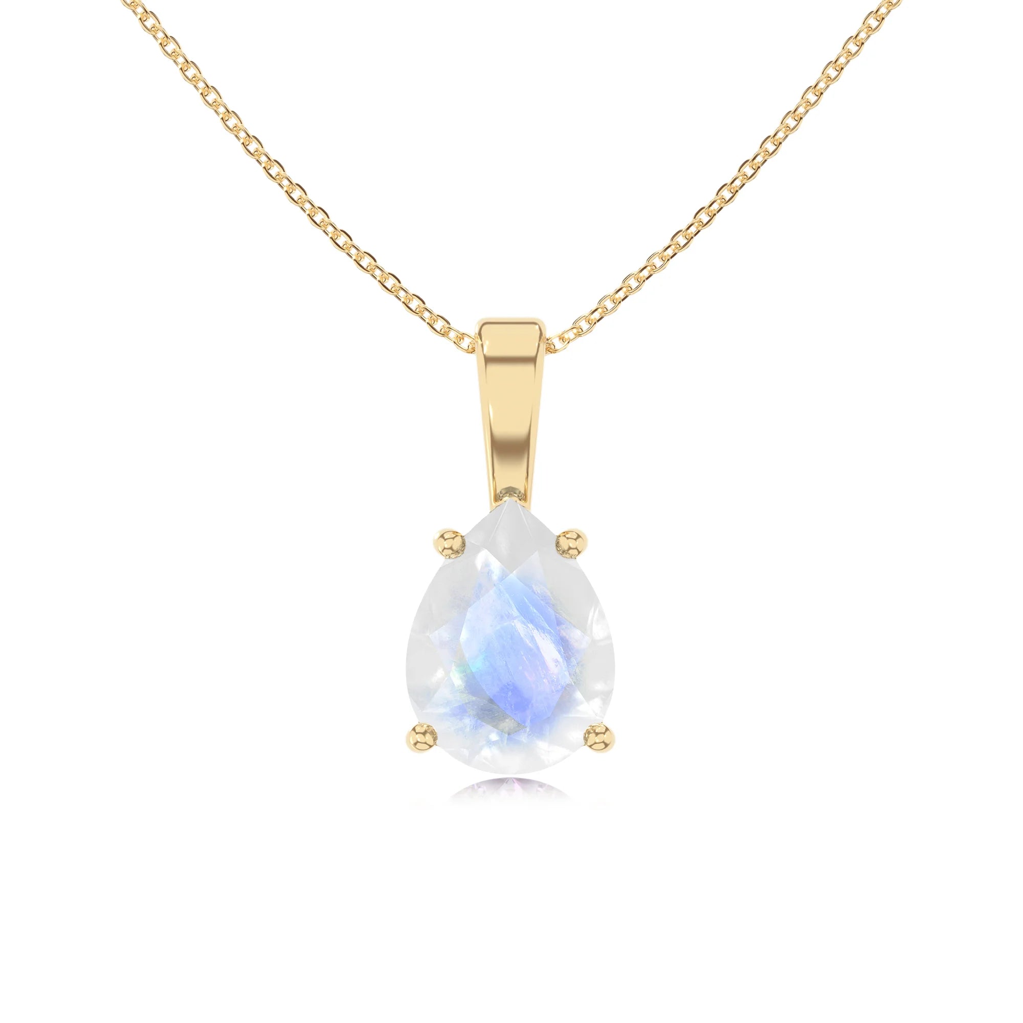 natural rainbow-moonstone pear solitaire necklaces in yellow gold 