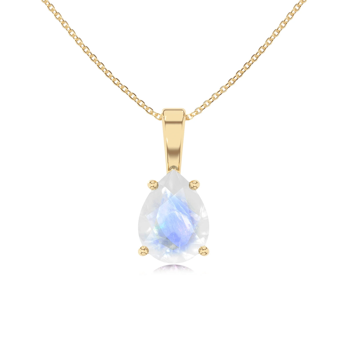 natural rainbow-moonstone pear solitaire necklaces in yellow gold 