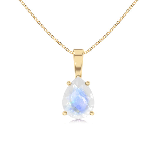 natural rainbow-moonstone pear solitaire necklaces in yellow gold 
