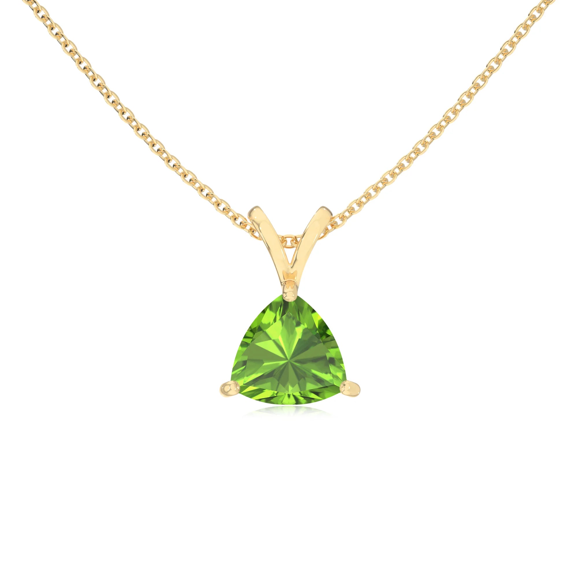 natural peridot trillion solitaire v-bale necklaces in yellow gold 
