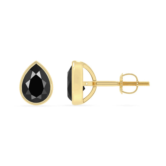 natural black onyx pear stud earrings in yellow gold 