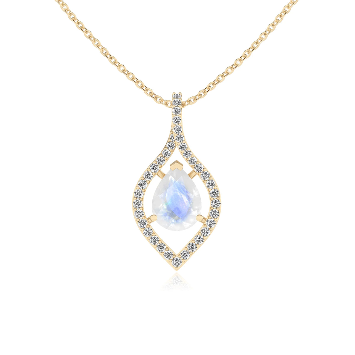 natural rainbow-moonstone pear infinity necklaces in yellow gold 