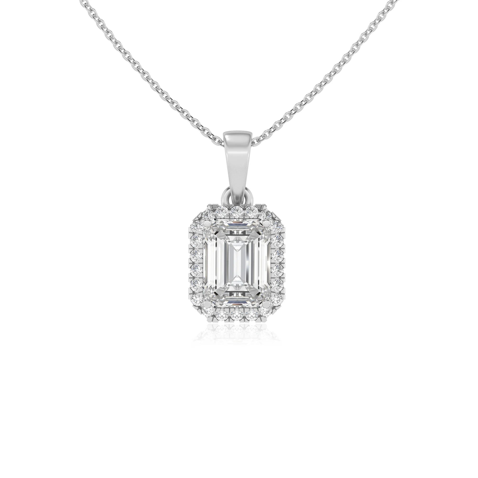 lab grown moissanite emerald cut solitaire necklaces in white gold 