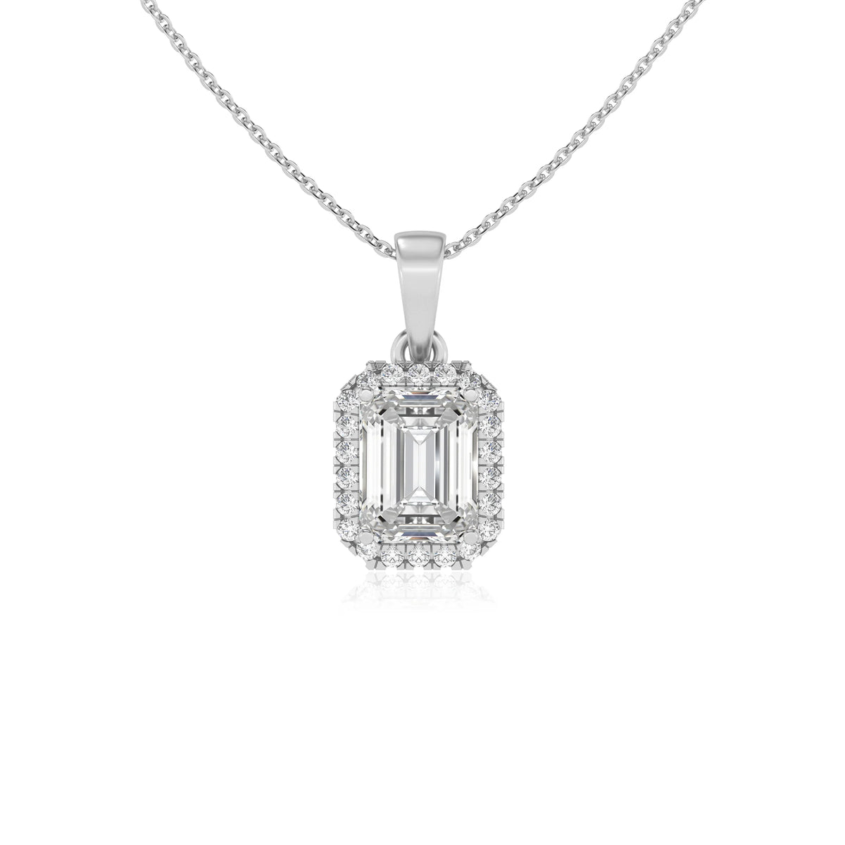 lab grown moissanite emerald cut solitaire necklaces in white gold 
