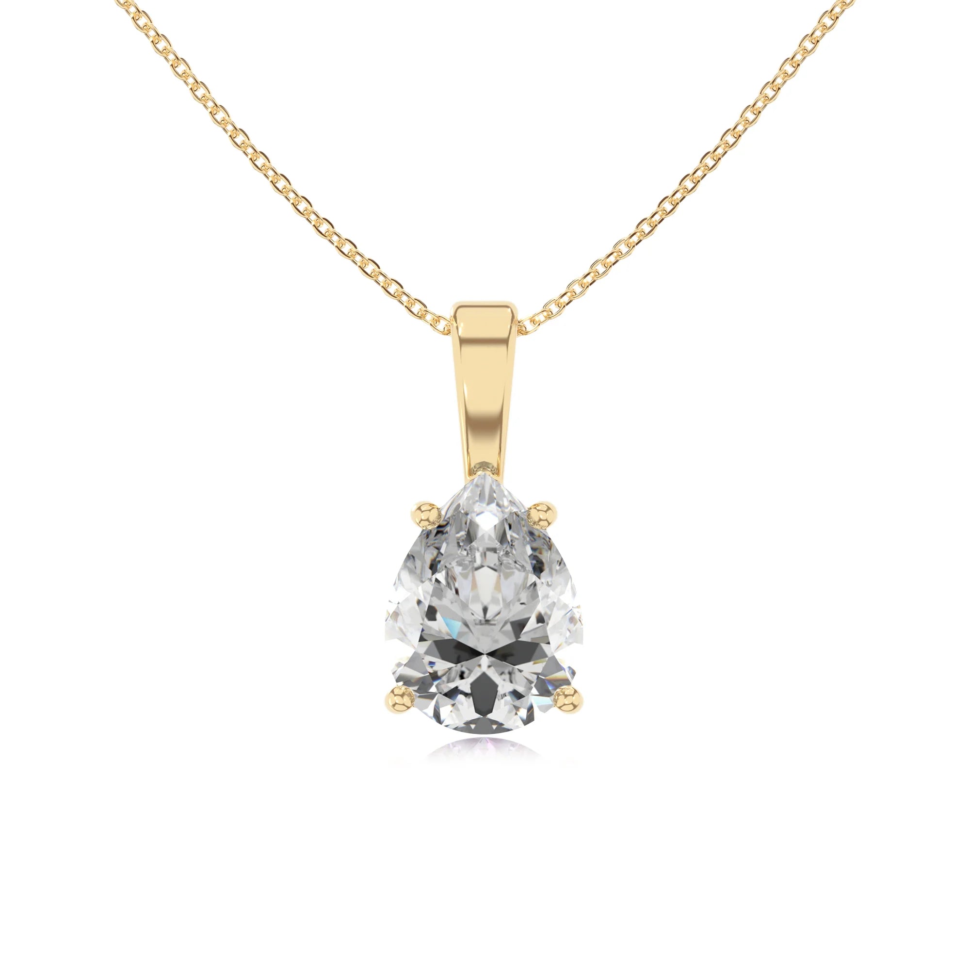 lab grown moissanite pear solitaire necklaces in yellow gold 