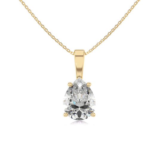 lab grown moissanite pear solitaire necklaces in yellow gold 