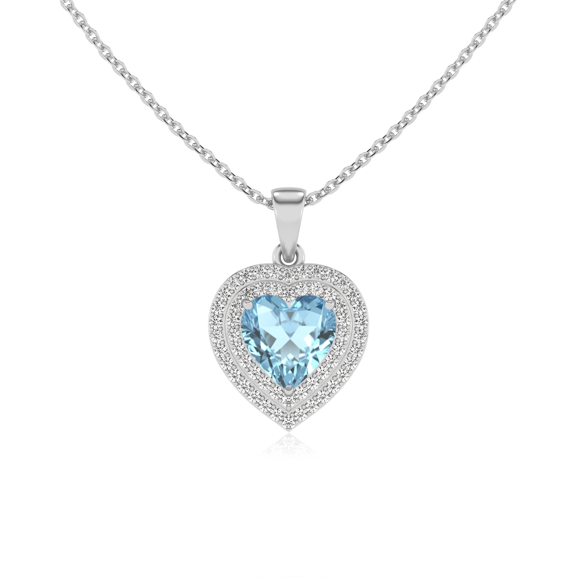 lab grown aquamarine heart halo necklaces in platinum 