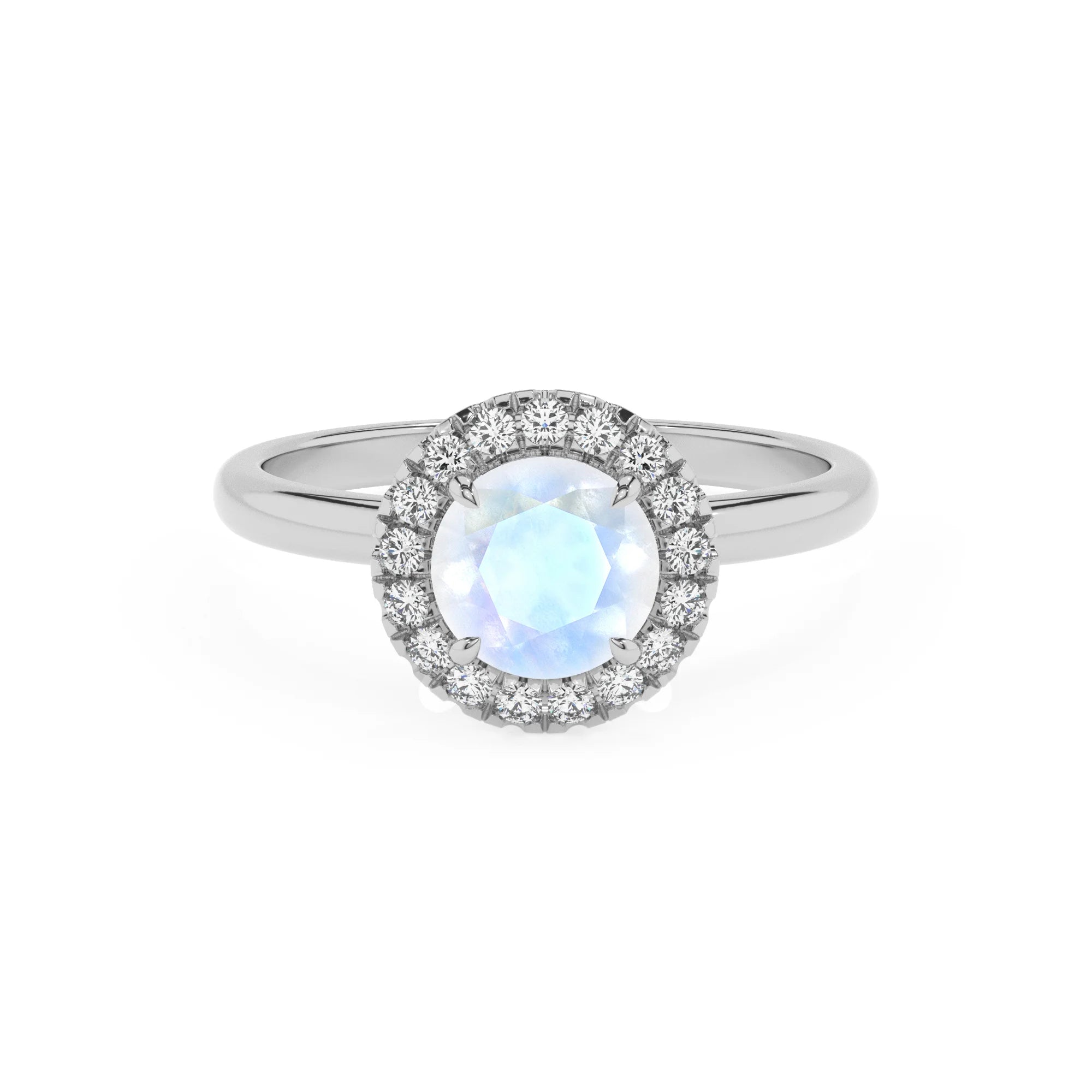 natural rainbow-moonstone round solitaire rings in platinum 