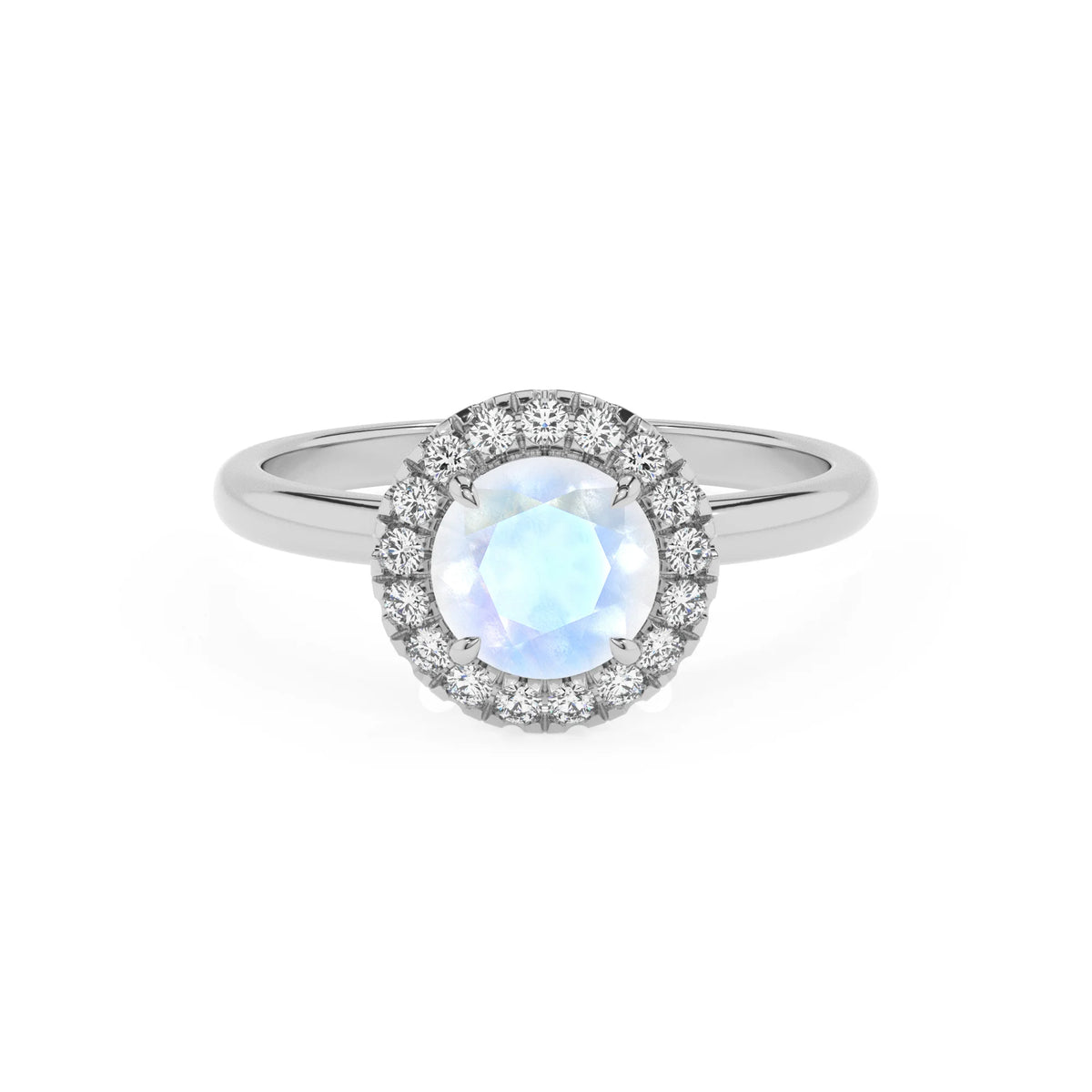 natural rainbow-moonstone round solitaire rings in platinum 