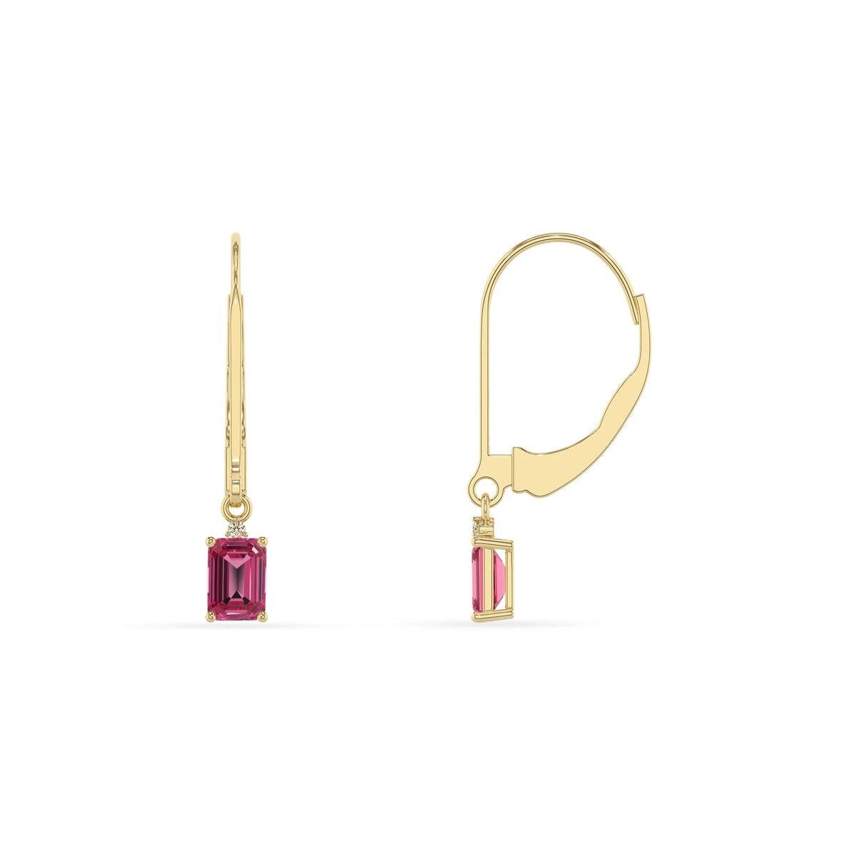 lab grown pink tourmaline emerald cut drop earrings in yellow gold 