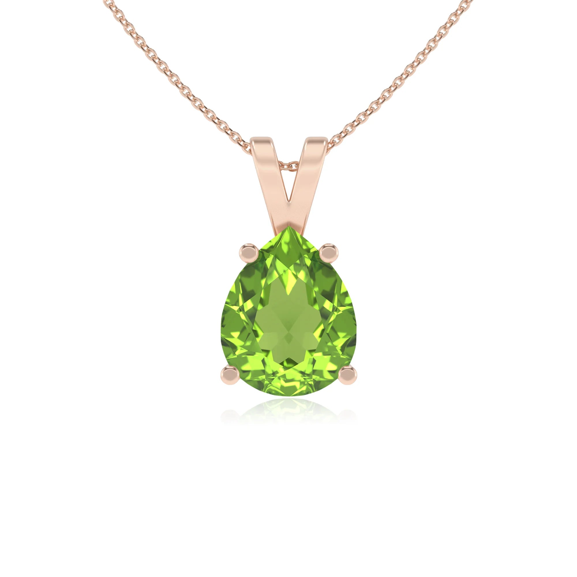 natural peridot pear solitaire v-bale necklaces in rose gold 