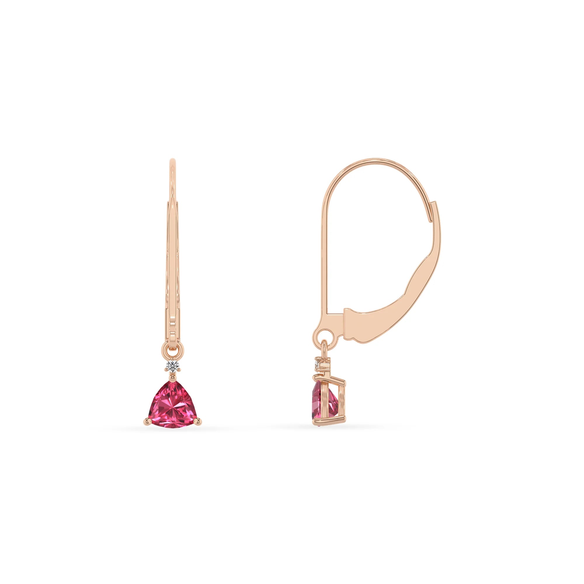 lab grown pink tourmaline trillion drop earrings in rose gold 
