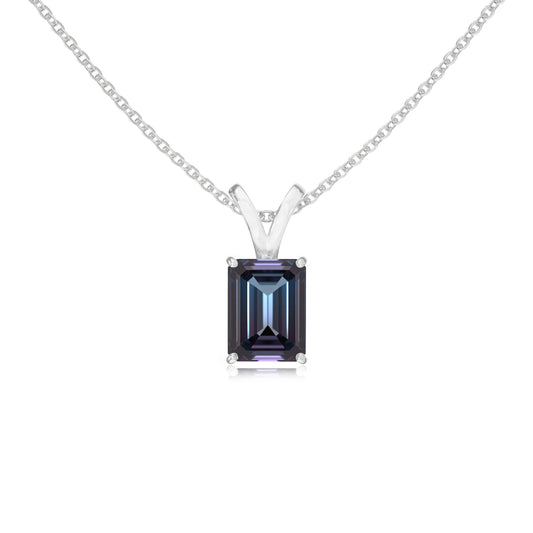 lab grown alexandrite emerald cut solitaire v-bale necklaces in white gold 
