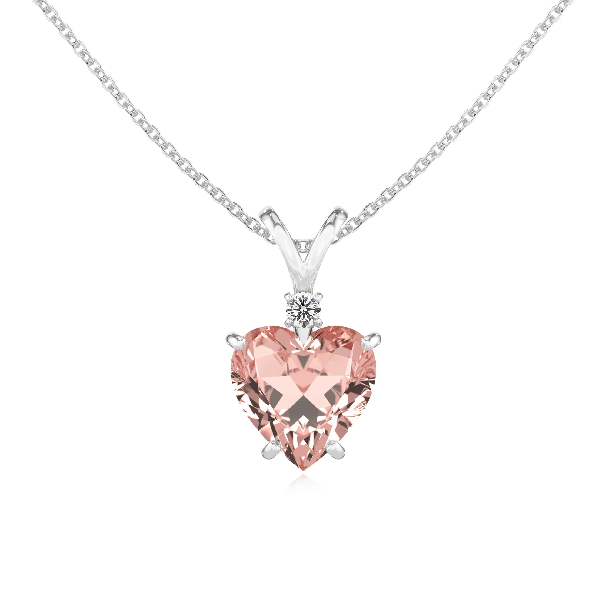 lab grown morganite heart solitaire v-bale necklaces in white gold 