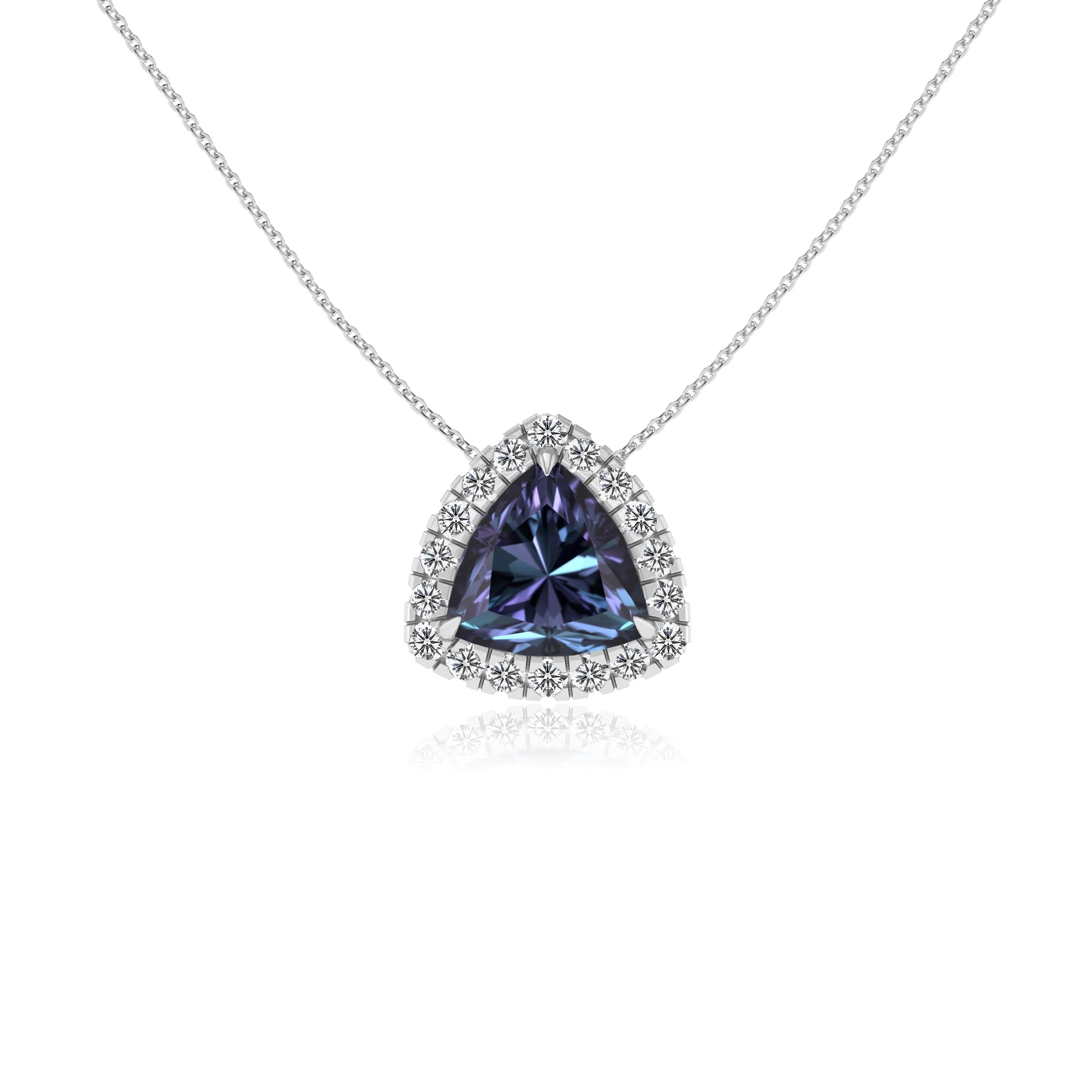lab grown alexandrite trillion solitaire necklaces in white gold 