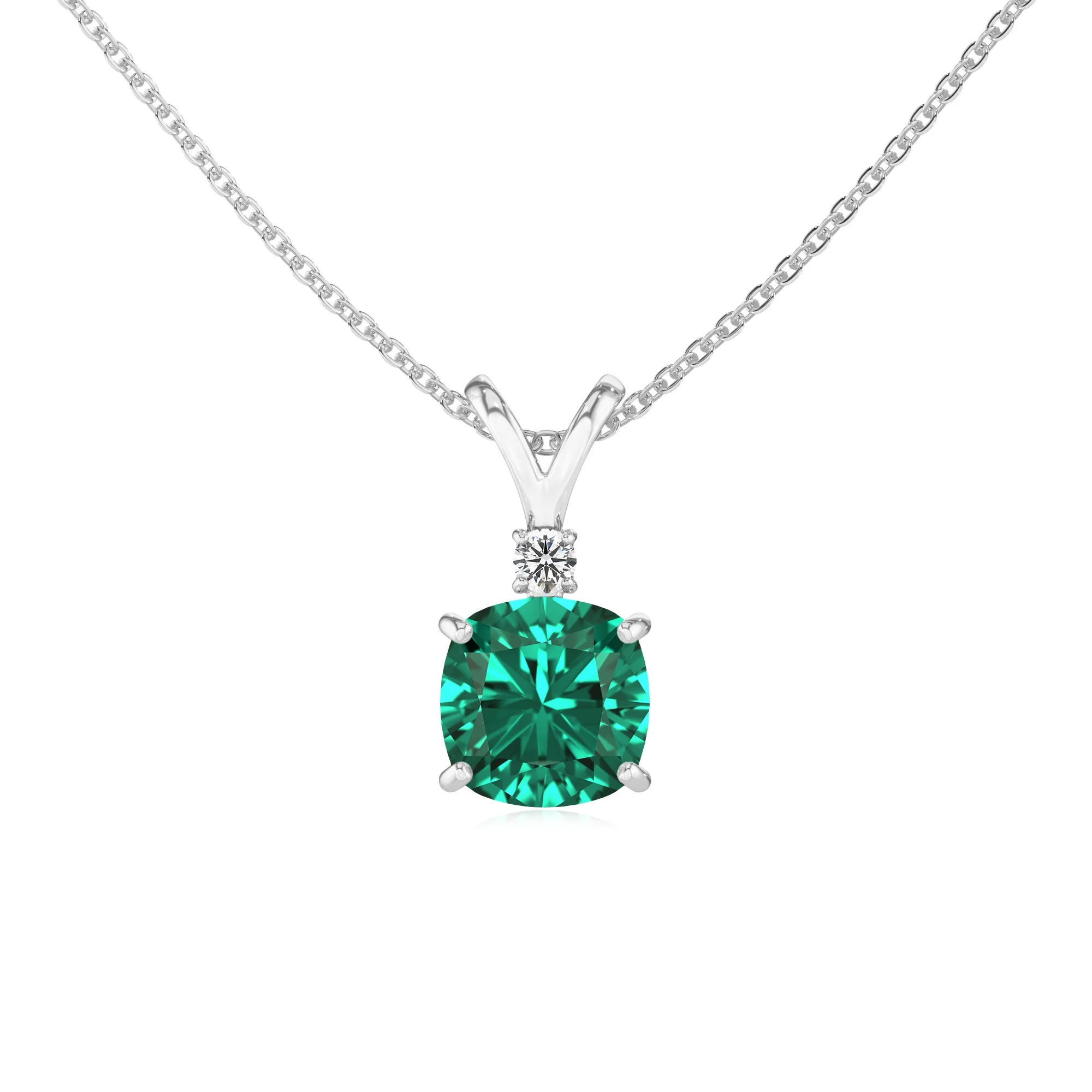 lab grown emerald cushion solitaire v-bale necklaces in white gold 