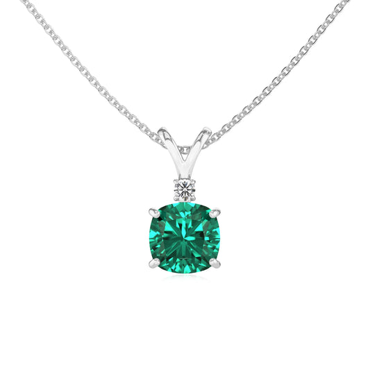 lab grown emerald cushion solitaire v-bale necklaces in white gold 