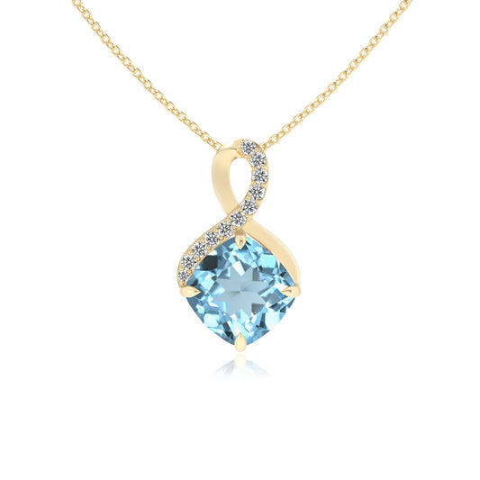 lab grown aquamarine cushion infinity necklaces in yellow gold 