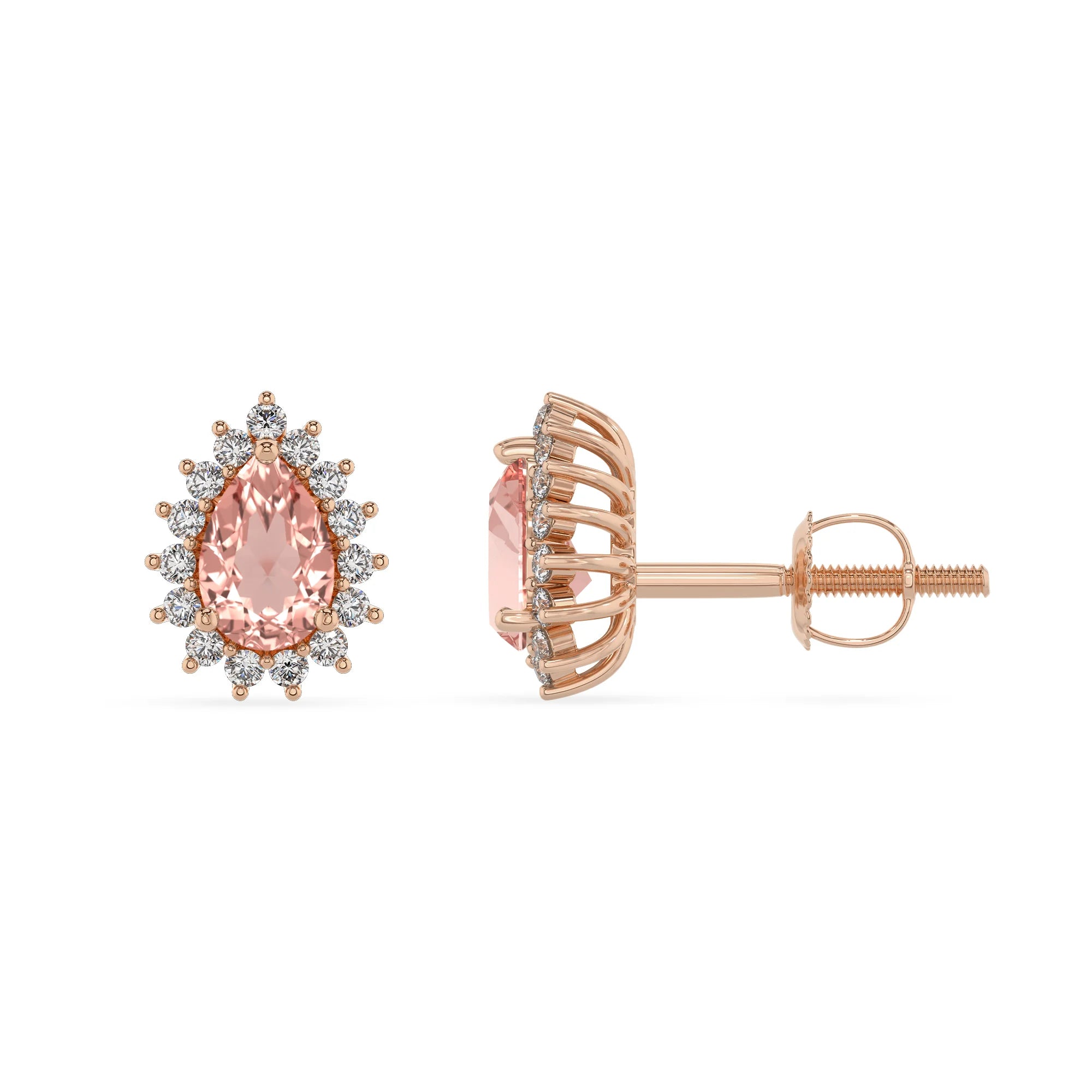 lab grown morganite pear stud earrings in rose gold 