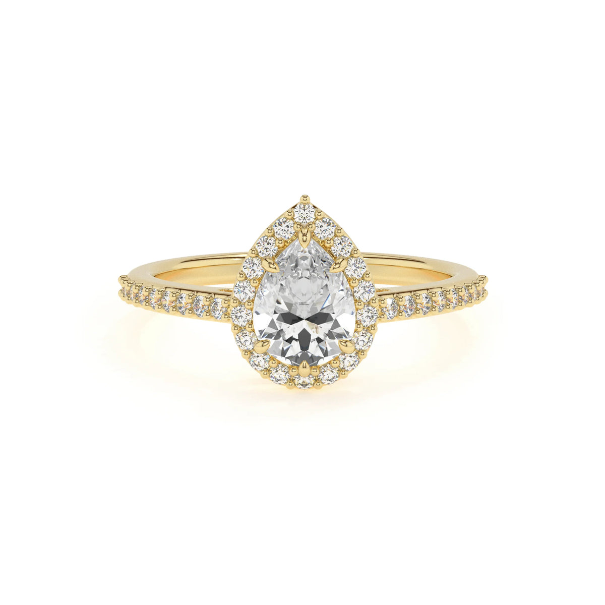 lab grown moissanite pear solitaire rings in yellow gold 