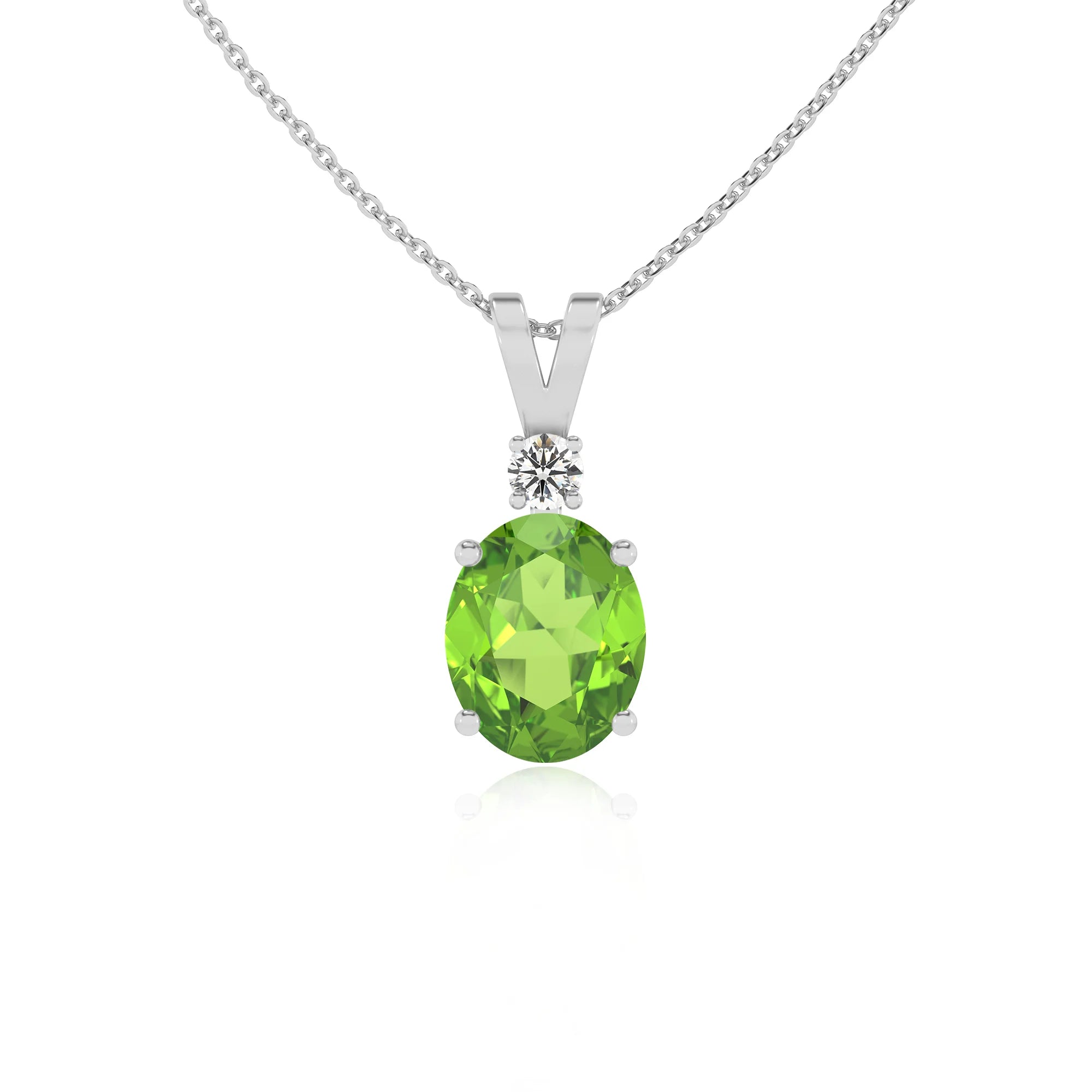 natural peridot oval solitaire v-bale necklaces in platinum 