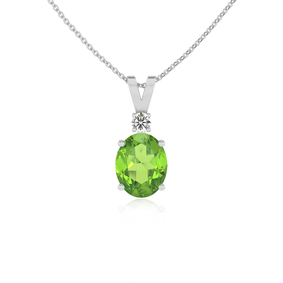 natural peridot oval solitaire v-bale necklaces in platinum 