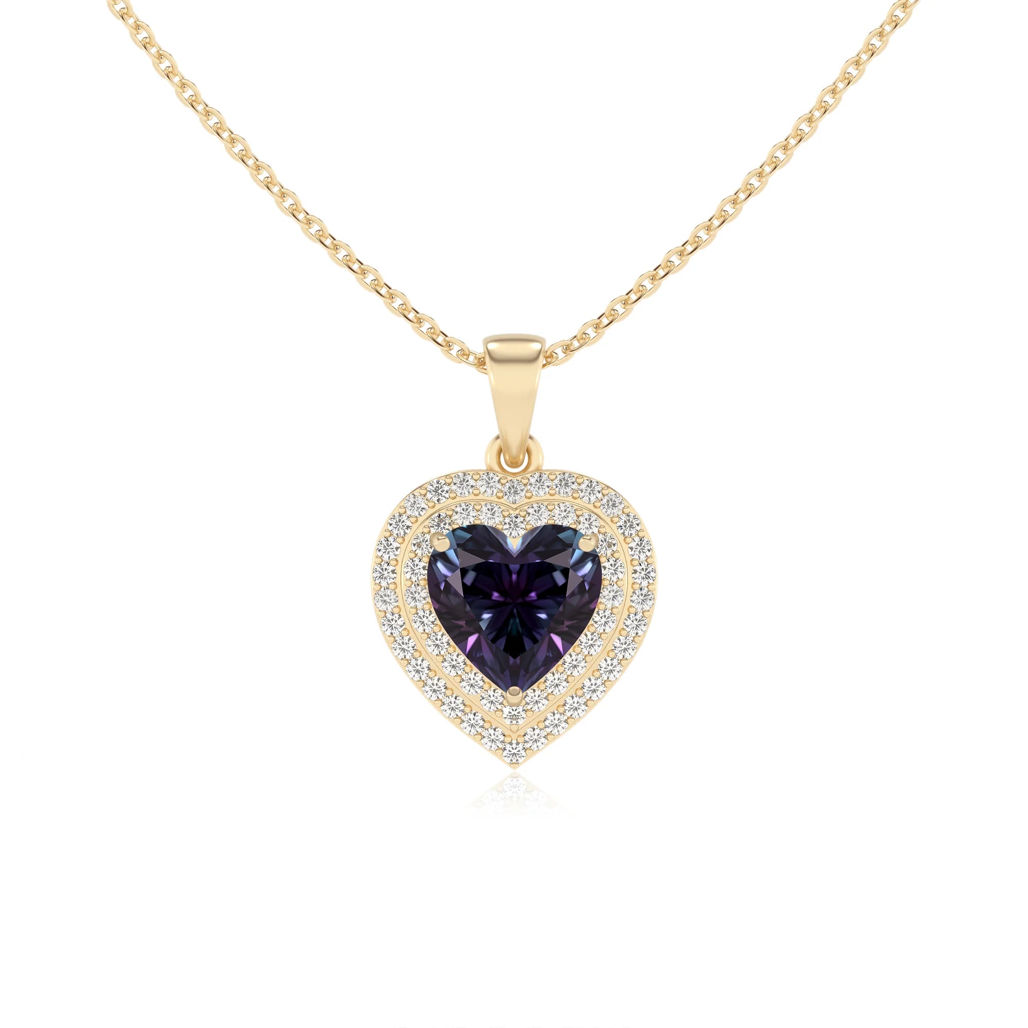 lab grown alexandrite heart halo necklaces in yellow gold 