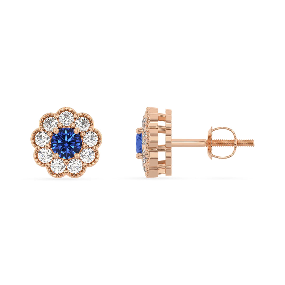 lab grown blue sapphire round stud earrings in rose gold 