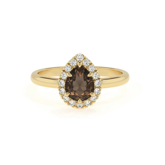 natural smoky-quartz pear solitaire rings in yellow gold 