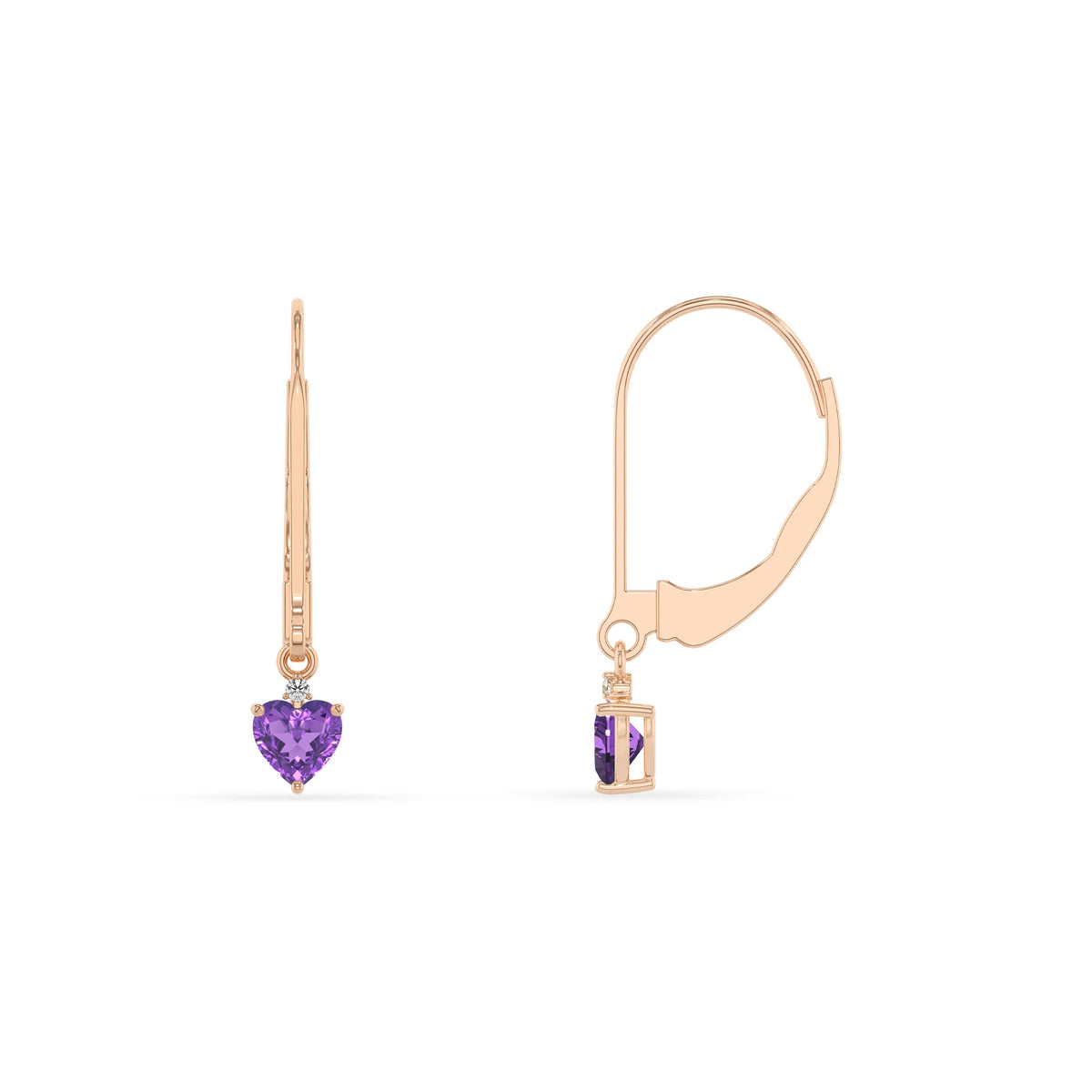 lab grown amethyst heart drop earrings in rose gold 