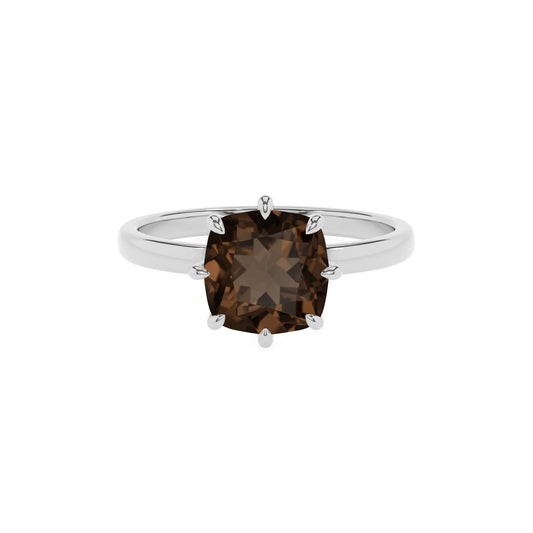 natural smoky-quartz cushion solitaire rings in platinum 