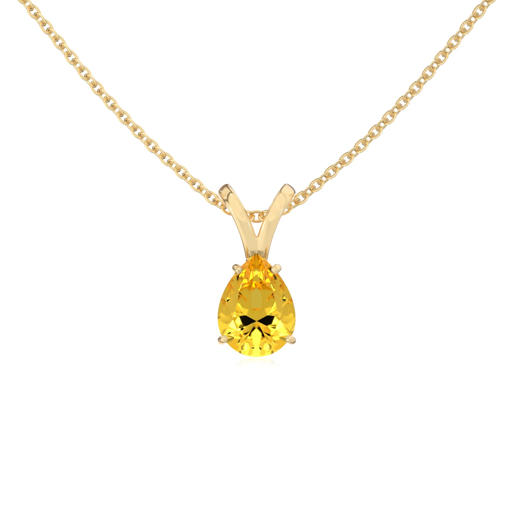 lab grown yellow-sapphire pear solitaire v-bale necklaces in yellow gold 