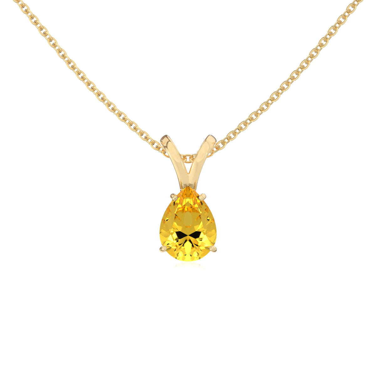 lab grown yellow-sapphire pear solitaire v-bale necklaces in yellow gold 